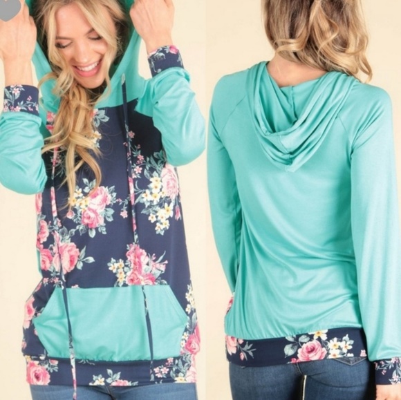 Sweetbb Tops - Last 3! Navy Mint Floral Hoodie